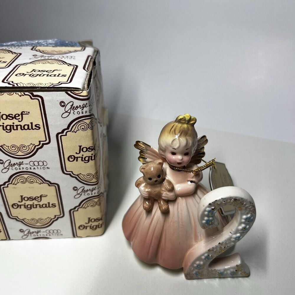 Vintage Josef Originals Birthday Girl Angel Age 2 Teddy Bear Figurine Box Tag